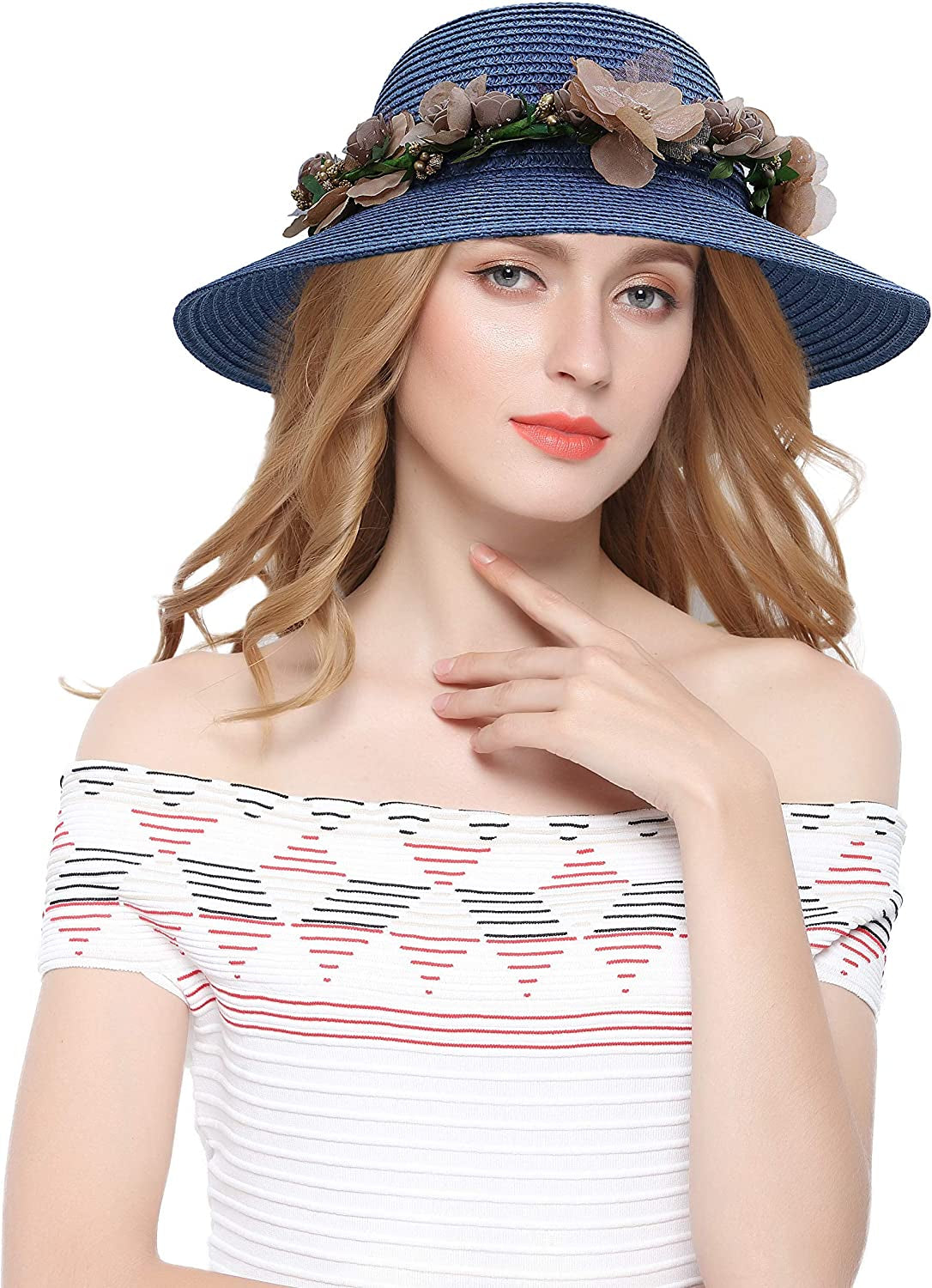 Lovful Fashion Flower Lace Ribbon Wide Brim Caps Summer Beach Sun Protective Hat Straw Hats for Women Apparel & Accessories > Clothing Accessories > Hats KYLIE MAX Navy  