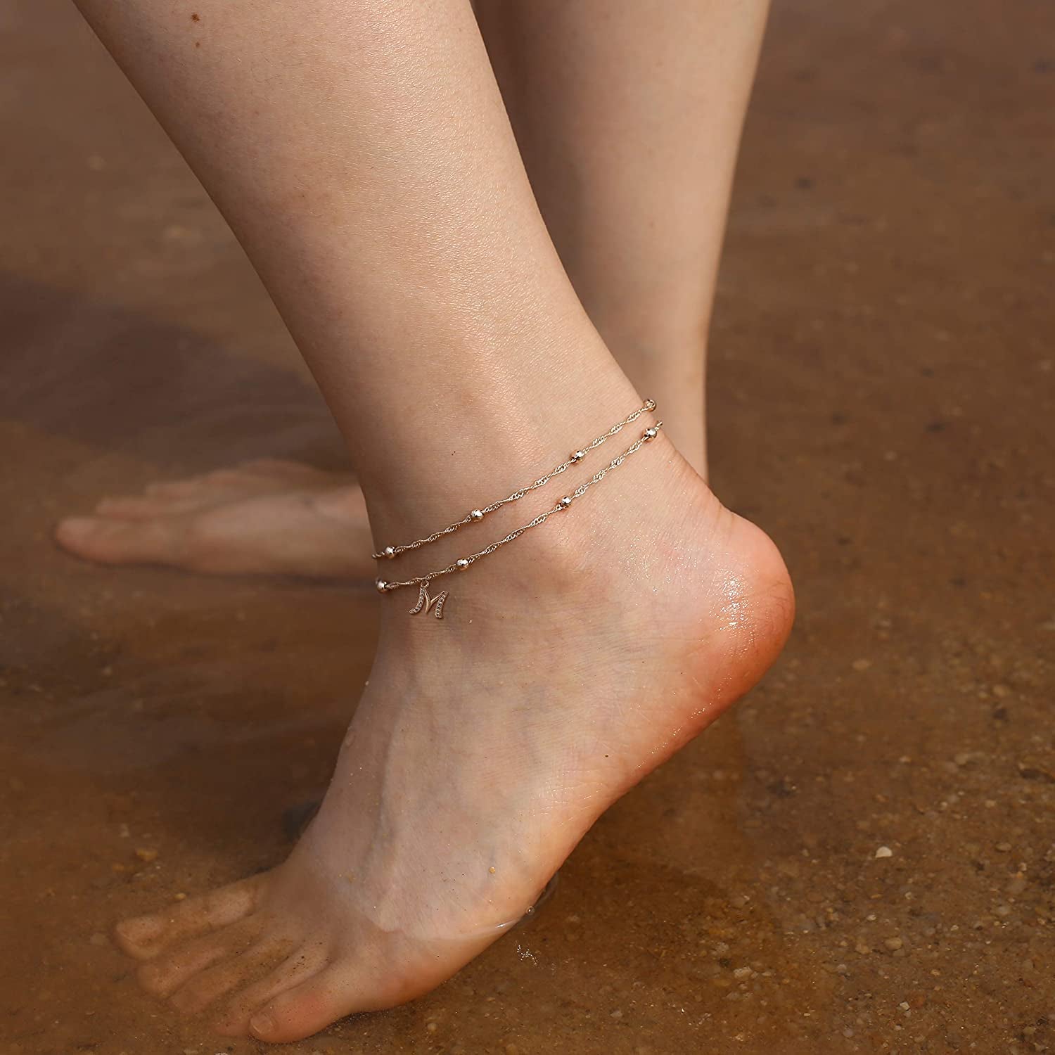 MONOOC Initial Ankle Bracelets for Women，14K Real Gold Plated Layered Beaded Chain Anklet Gold Anklets for Women CZ Initial Anklet Beach Summer Anklet Foot Jewelry Teen Girl Gifts Apparel & Accessories > Jewelry > Anklets MONOOC   