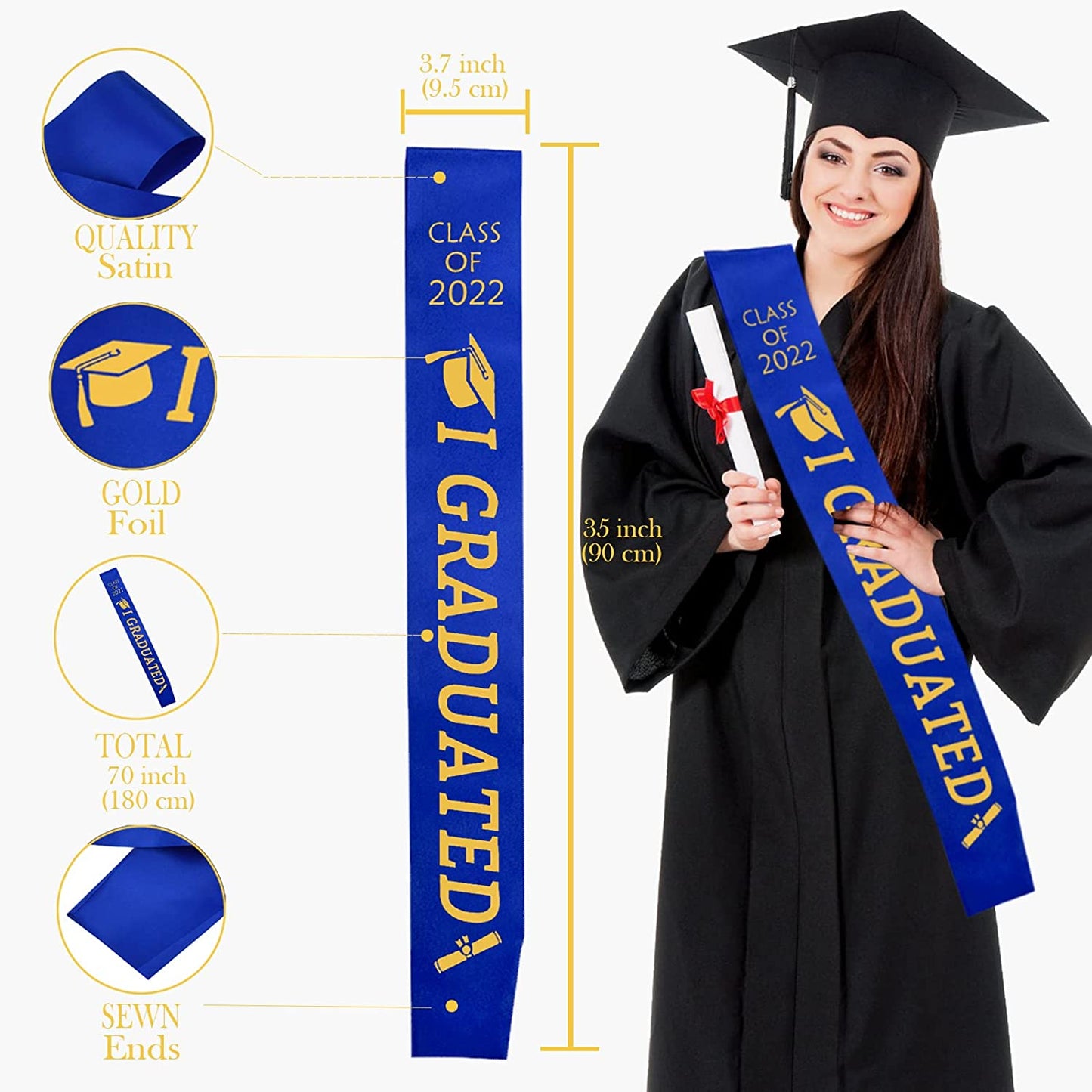 Blue Graduation Sash with Gold Glitter Letter I Graduated, Class of 2022 for Graduation Party 2022, Graduation Decorations 2022, Graduation Party Supplies Apparel & Accessories > Clothing Accessories > Sashes JOJO FLY   
