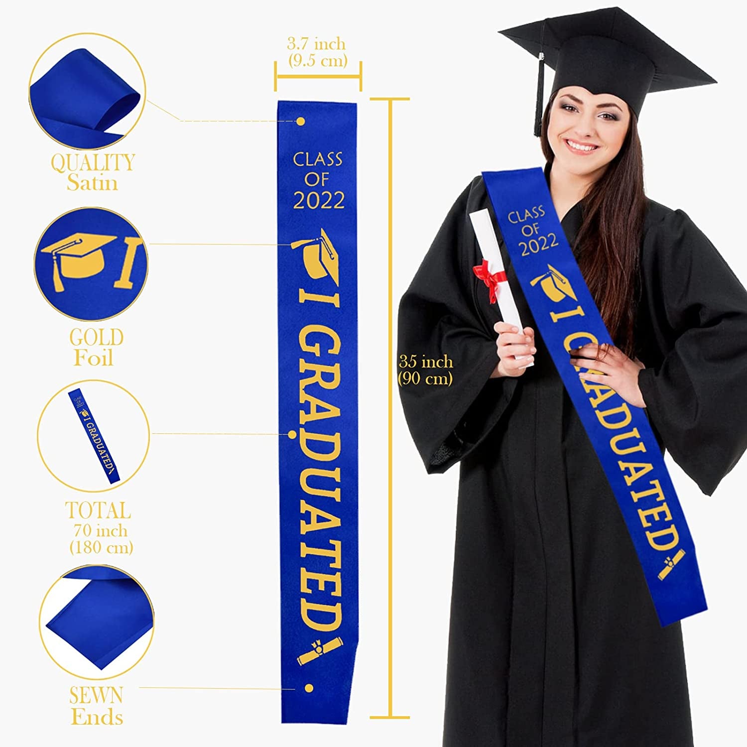 Blue Graduation Sash with Gold Glitter Letter I Graduated, Class of 2022 for Graduation Party 2022, Graduation Decorations 2022, Graduation Party Supplies Apparel & Accessories > Clothing Accessories > Sashes JOJO FLY   