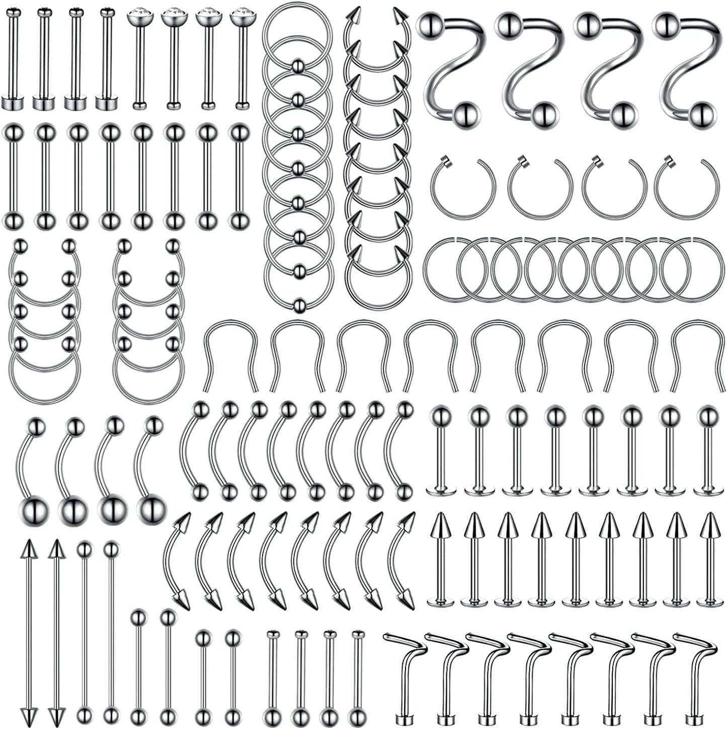 Bodyj4You 120PC Body Piercing Jewelry Kit | CBR BCR Rings Barbells Studs Screws Curved Bars | Belly Button Cartilage Tragus Nose Septum Tongue | 14G 16G 18G 20G Stainless Steel Random Bulk Set Apparel & Accessories > Jewelry > Body Jewelry BodyJ4You 120PC Basic Jewelry  