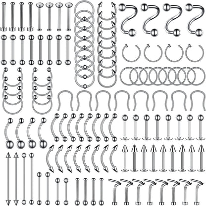 Bodyj4You 120PC Body Piercing Jewelry Kit | CBR BCR Rings Barbells Studs Screws Curved Bars | Belly Button Cartilage Tragus Nose Septum Tongue | 14G 16G 18G 20G Stainless Steel Random Bulk Set Apparel & Accessories > Jewelry > Body Jewelry BodyJ4You 120PC Basic Jewelry  