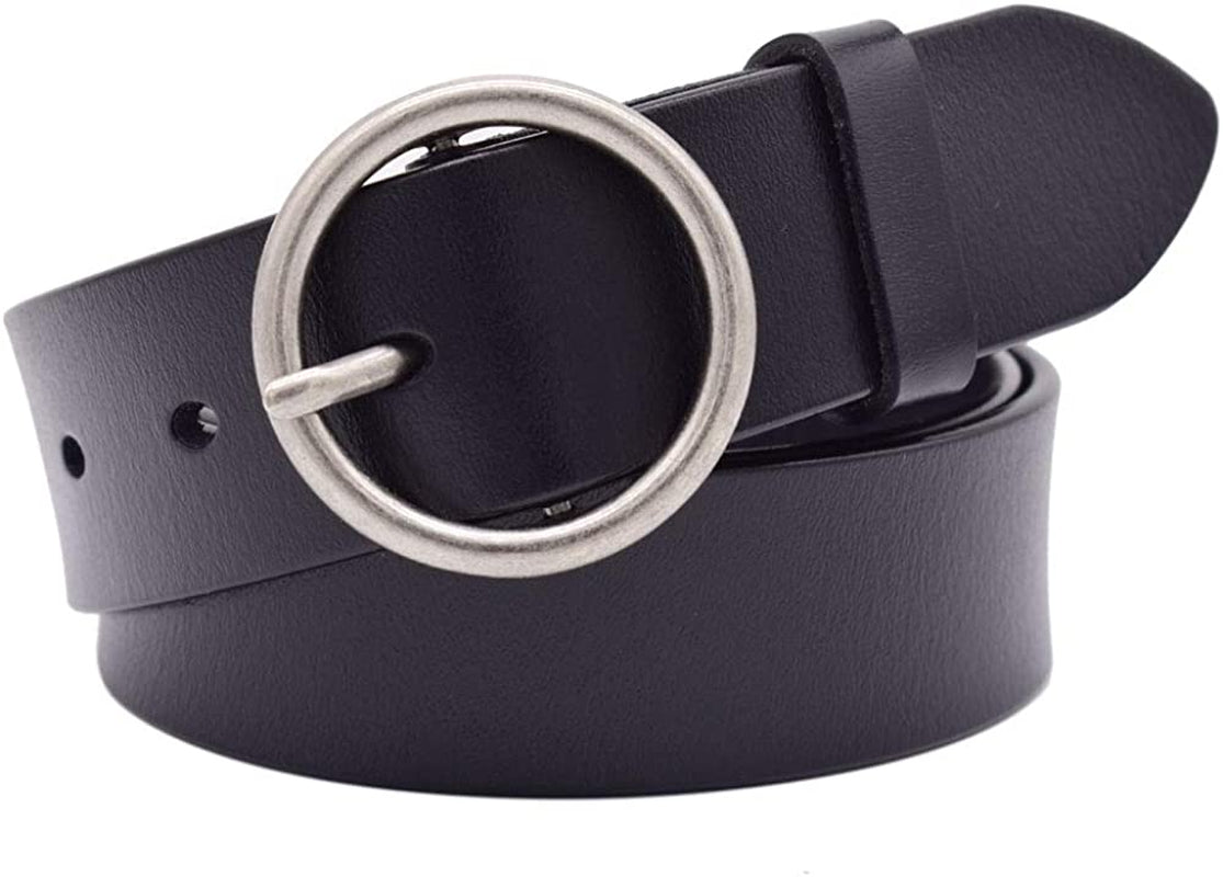Vonsely Womens Leather Belt for Jeans, Black Leather Waist Belts with Pin Buckles Apparel & Accessories > Clothing Accessories > Belt Buckles VONSELY Black With Circle Buckle Suit Waistline 30"-33" 