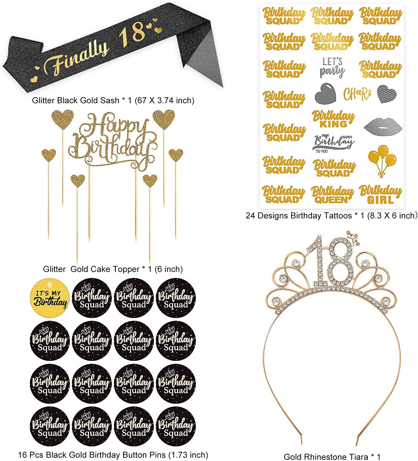 Black Birthday Sash Crowns Tiara Headband for Women - Birthday Buttons Pins Badges Gifts for Girl Birthday Party Supplies Apparel & Accessories > Clothing Accessories > Sashes ERTREE   