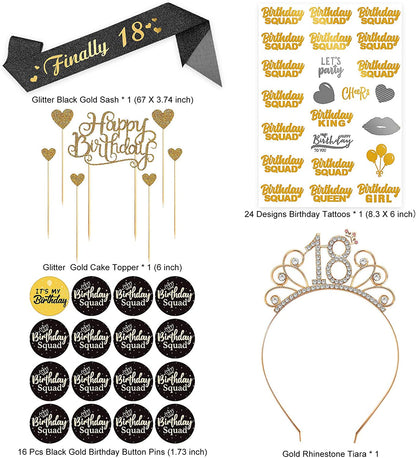 Black Birthday Sash Crowns Tiara Headband for Women - Birthday Buttons Pins Badges Gifts for Girl Birthday Party Supplies Apparel & Accessories > Clothing Accessories > Sashes ERTREE   