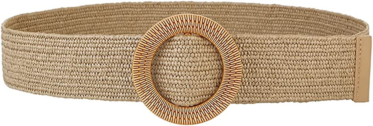 Women Skinny Dress Belt, Fashion Straw Woven Elastic Stretch Waist Band Wood Buckle Belt Apparel & Accessories > Clothing Accessories > Belts YUCFOREN Type 2-khaki Waist below 45" 