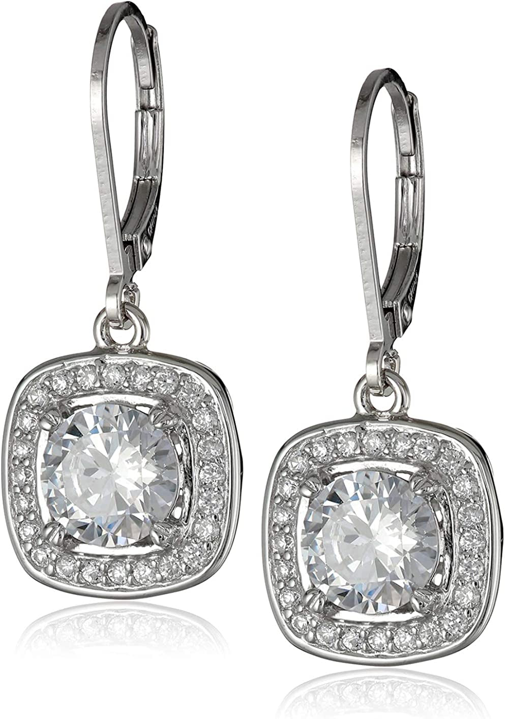 Collection Sterling Silver Cubic Zirconia Round-Cut Halo Drop Leverback Earrings (3 Cttw) Apparel & Accessories > Jewelry > Earrings Amazon Collection Silver  