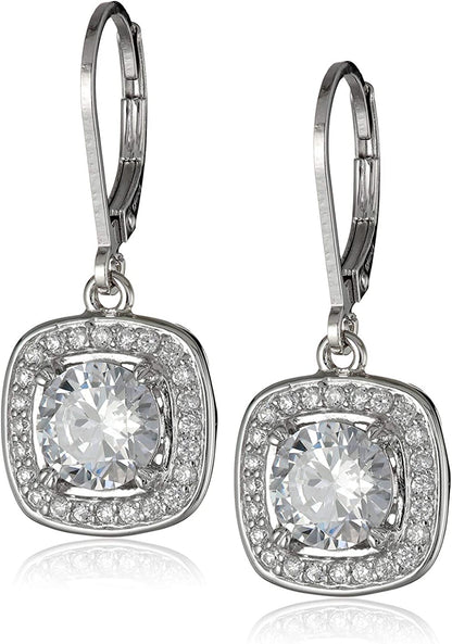 Collection Sterling Silver Cubic Zirconia Round-Cut Halo Drop Leverback Earrings (3 Cttw) Apparel & Accessories > Jewelry > Earrings Amazon Collection Silver  