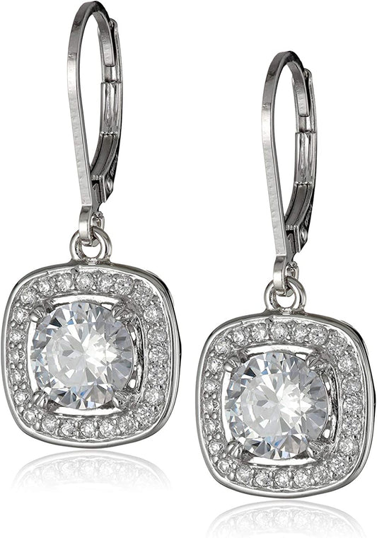 Collection Sterling Silver Cubic Zirconia Round-Cut Halo Drop Leverback Earrings (3 Cttw) Apparel & Accessories > Jewelry > Earrings Amazon Collection Silver  
