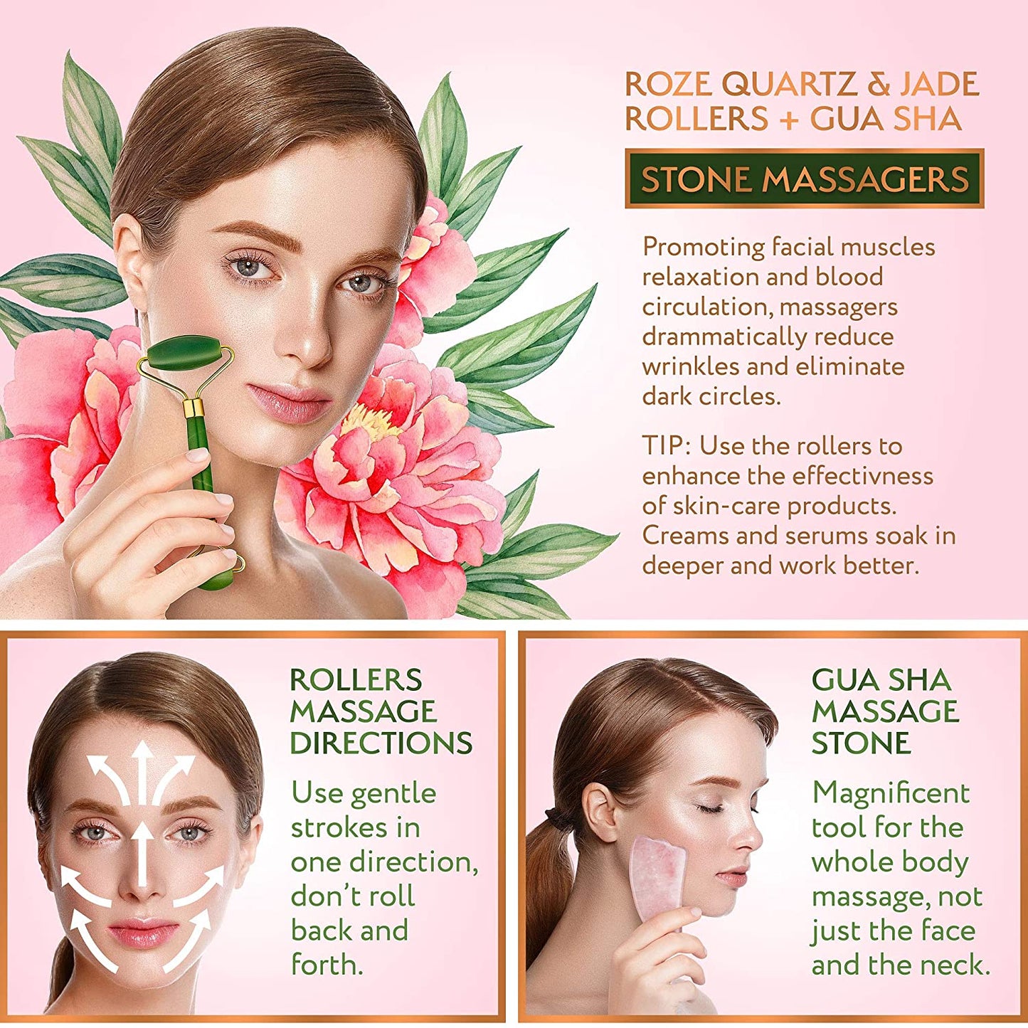 Authentic Jade Roller, Natural Rose Quartz Roller and Gua Sha | 3-In-1 Stone Face Massager Kit | Anti-Aging Beauty Tools for Slimming, Toning and Firming Skin | Reduce Puffy Eyes and Firm Wrinkles Health & Beauty > Personal Care > Cosmetics > Cosmetic Tools > Skin Care Tools InnoCreation   