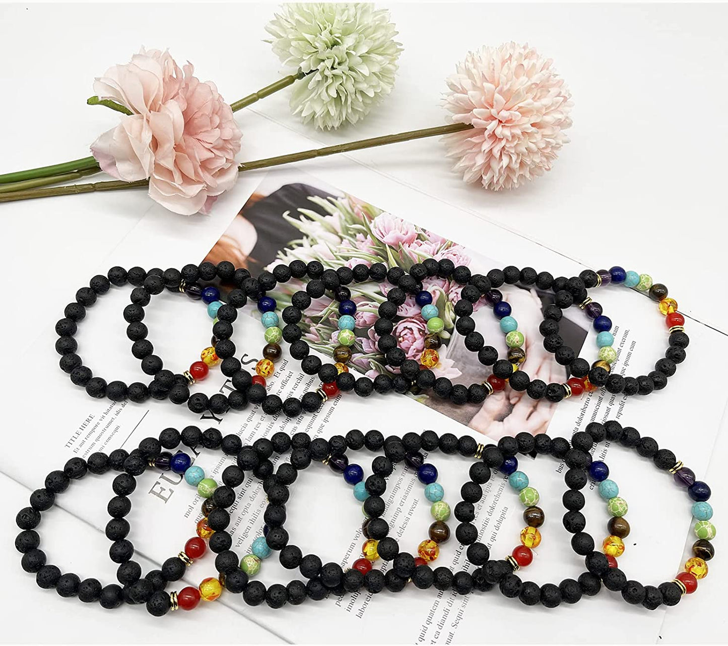 Svovin 1-14 Pcs Lava Rock 7 Chakra Energy Oil Diffuser Bracelet Set for Women Men Unisex Elastic 8Mm Stone Yoga Beaded Bracelets Jewelry with Lucky Healing Apparel & Accessories > Jewelry > Bracelets Svovin   