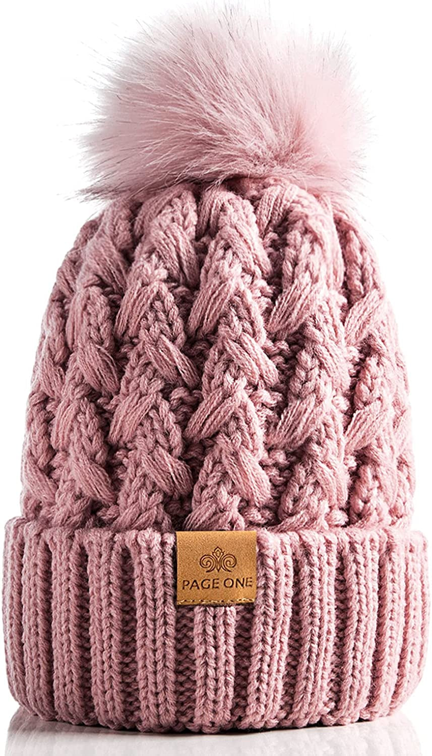 PAGE ONE Womens Winter Ribbed Beanie Crossed Cap Chunky Cable Knit Pompom Soft Warm Hat Apparel & Accessories > Clothing Accessories > Hats PAGE ONE Pink  