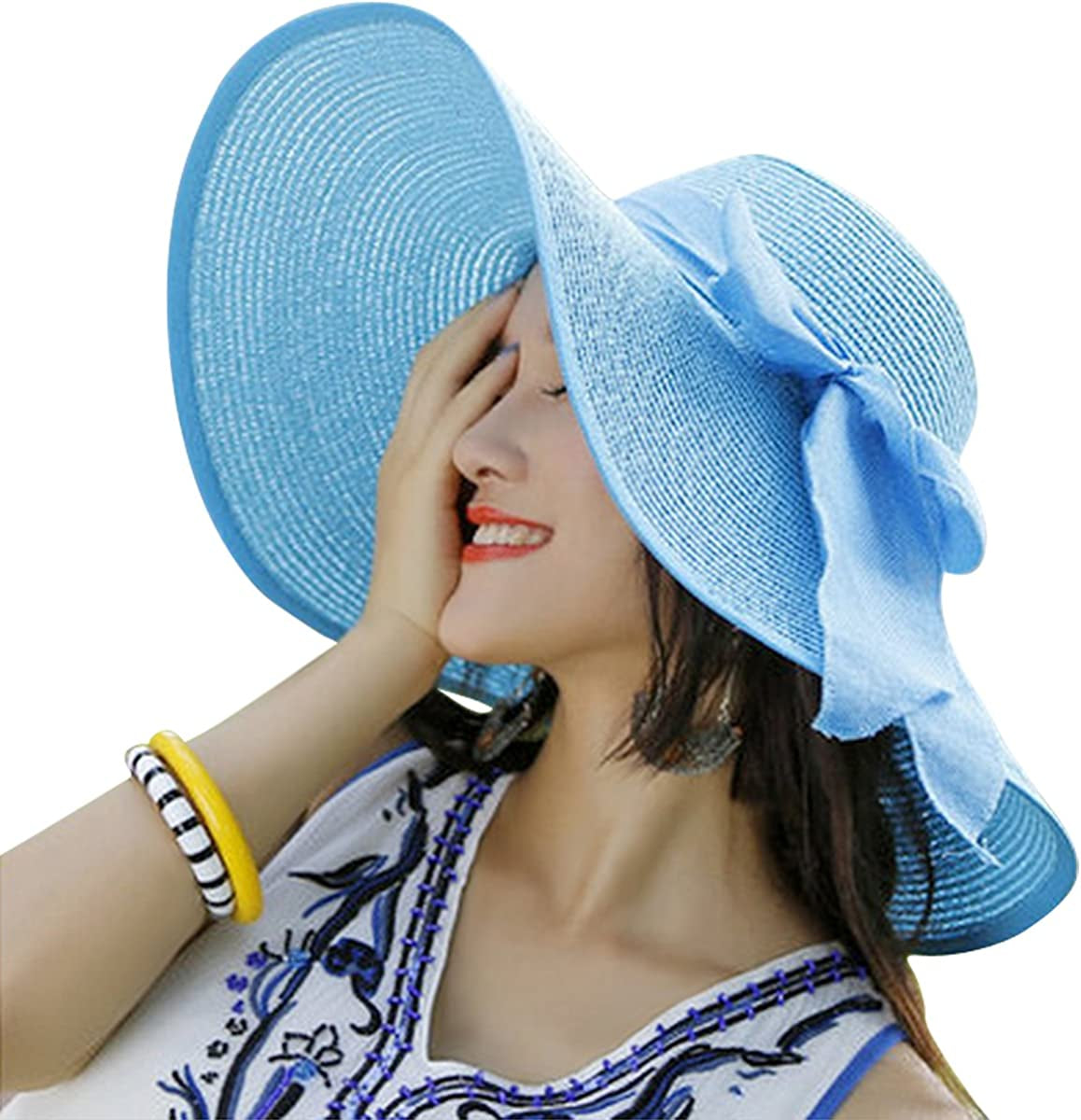 Lanzom Womens 5.5 Inches Big Bowknot Straw Hat Large Floppy Foldable Roll up Beach Cap Sun Hat UPF 50+ Apparel & Accessories > Clothing Accessories > Hats Lanzom Sky Blue One Size 