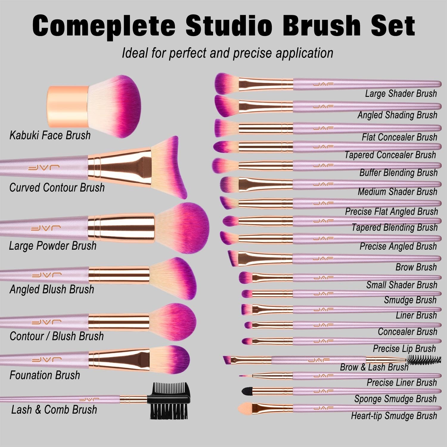 JAF 26Pcs Professional Large Pink Purple Makeup Brushes Set with Storage Case Vegan Synthetic Make up Brushes Set in Gold Bag Holder Cruelty Free Cosmetic Big Makeup Brushes & Tools Kit for Eye Face Contour Foundation Highlighter… Health & Beauty > Personal Care > Cosmetics > Cosmetic Tools > Makeup Tools JAF   