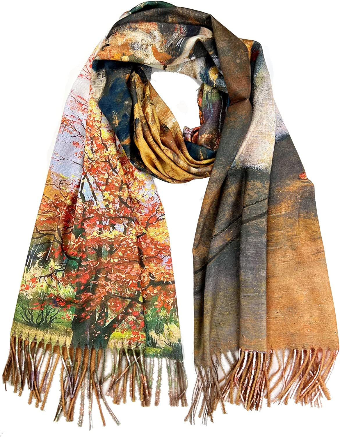 Plum Feathers Super Soft Cashmere Feel Double Sided Reversible Art Shawl Scarf Van Gogh Monet Klimt Inspired Apparel & Accessories > Clothing Accessories > Scarves & Shawls Plum Feathers Two Dancers on a Stage - Autumn Field  