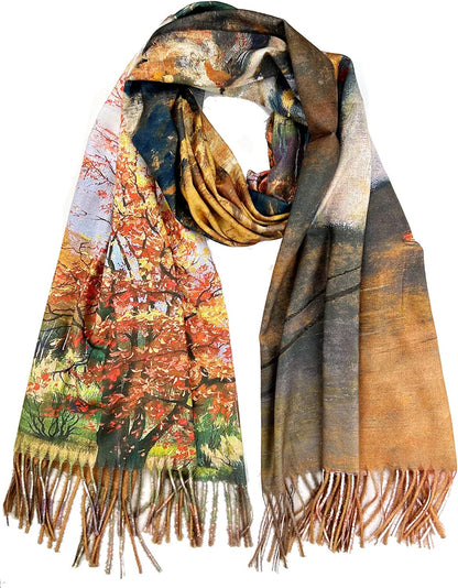 Plum Feathers Super Soft Cashmere Feel Double Sided Reversible Art Shawl Scarf Van Gogh Monet Klimt Inspired Apparel & Accessories > Clothing Accessories > Scarves & Shawls Plum Feathers Two Dancers on a Stage - Autumn Field  