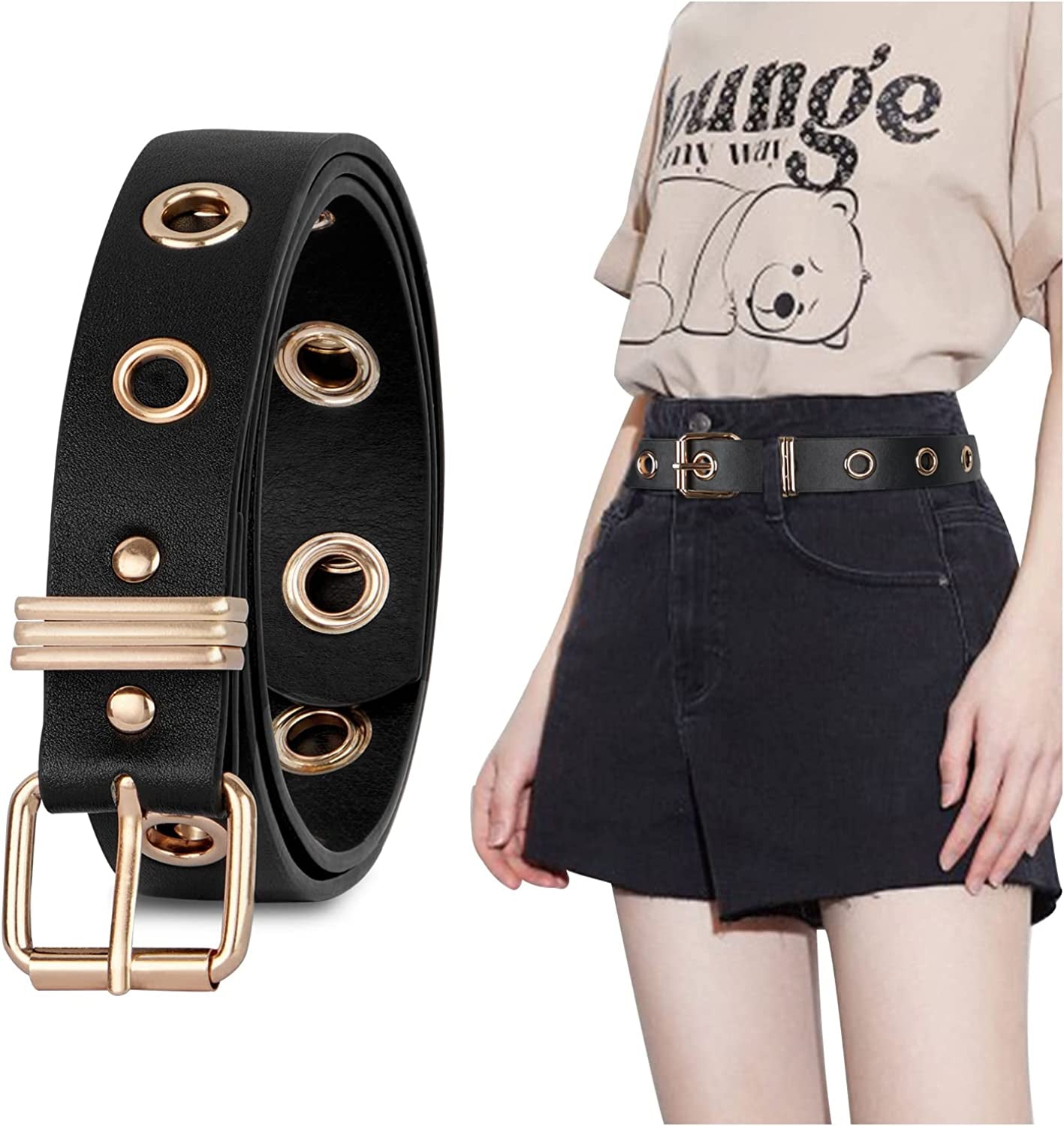 FIORETTO Grommet Leather Belt with Detachable Chain Women Men Punk Rock Waist Belts for Jeans Pants Apparel & Accessories > Clothing Accessories > Belts FIORETTO Single Grommet (Black-gold) One Size 