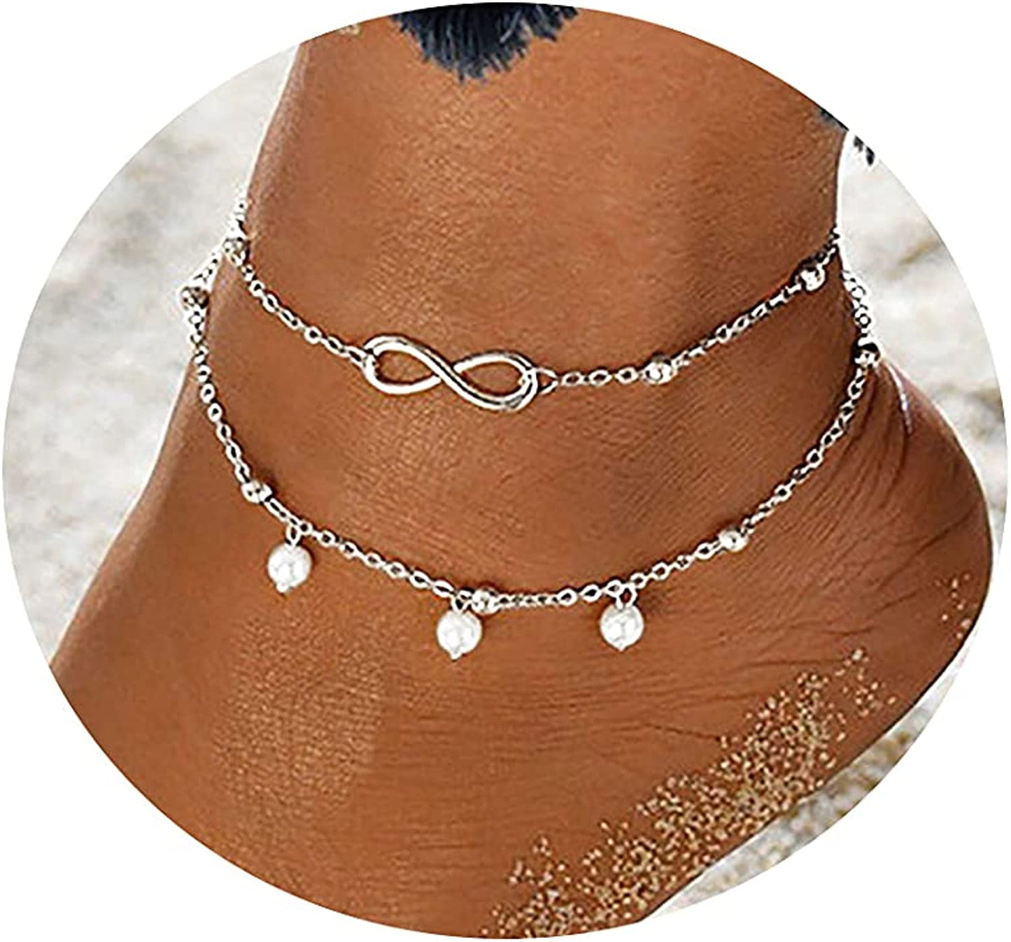 Tasiso 14K Gold Plated Layered Satellite Beads Heart Anklets Layering Rhinestone Cubic Zirconia Ankle Bracelets for Women Minimalist Summer Beach Foot Chain Ankle Jewelry Gifts Apparel & Accessories > Jewelry > Anklets Tasiso Layered Pearl Beaded infinity anklet Silver  