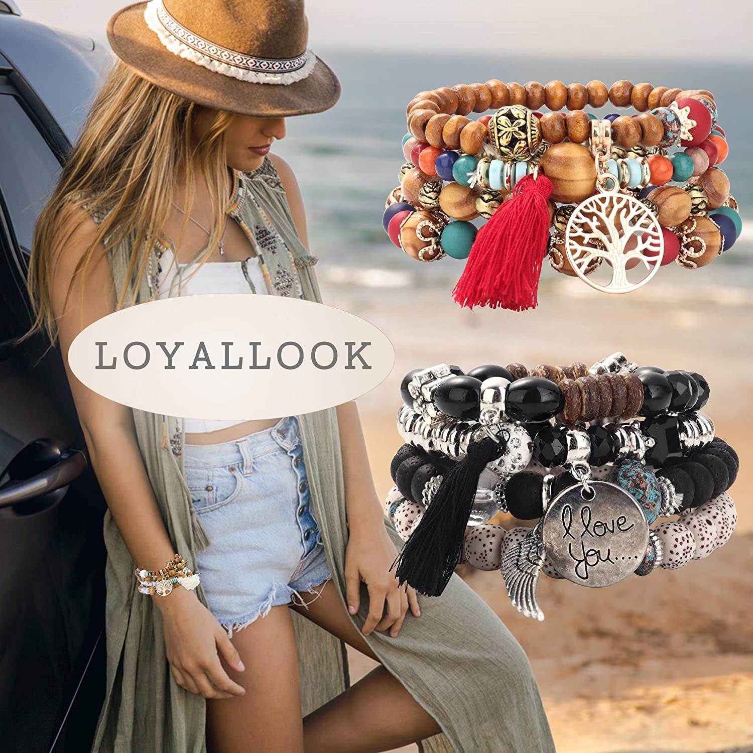 LOYALLOOK 8 Sets Bohemian Stretch Wood Beaded Bracelets for Women Boho Tassel Bracelet Set Bead Strand Bangle Charm Multilayer Stackable Bracelets Apparel & Accessories > Jewelry > Bracelets LOYALLOOK   