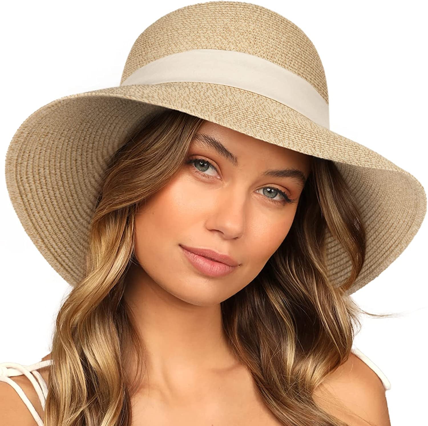 FURTALK Sun Hats for Women Wide Brim Straw Hat Beach Hat UPF UV Foldable Packable Cap for Travel Apparel & Accessories > Clothing Accessories > Hats KYLIE MAX Mix Beige+beige Ribbon Medium 