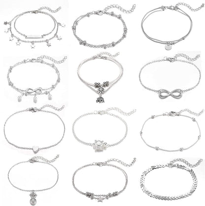 Starain 12Pcs Women'S Charm Anklet Set Gold Multilayer Adjustable Ankle Bracelets Boho Beach Foot Anklet for Women Girls Apparel & Accessories > Jewelry > Anklets Starain 12Pcs Silver Anklets  