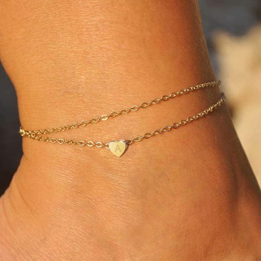 Turandoss Heart Initial Ankle Bracelets for Women, 14K Gold Filled Handmade Dainty Layered Anklet Letter Initial Heart Ankle Bracelets for Women Beach Jewelry Gifts Apparel & Accessories > Jewelry > Anklets Turandoss   