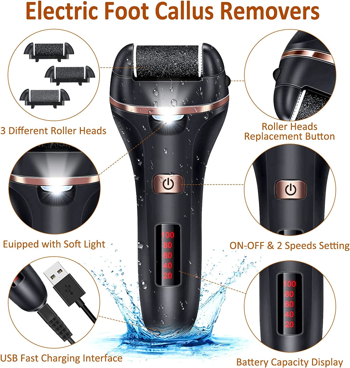 Electric Foot Callus Remover Kit, Banral 10 In1 Rechargeable Pedicure Tools Foot Care Feet File with 3 Roller Heads,2 Speed,Battery Display for Remove Cracked Heels Calluses and Dead Skin Health & Beauty > Personal Care > Foot Care Banral   
