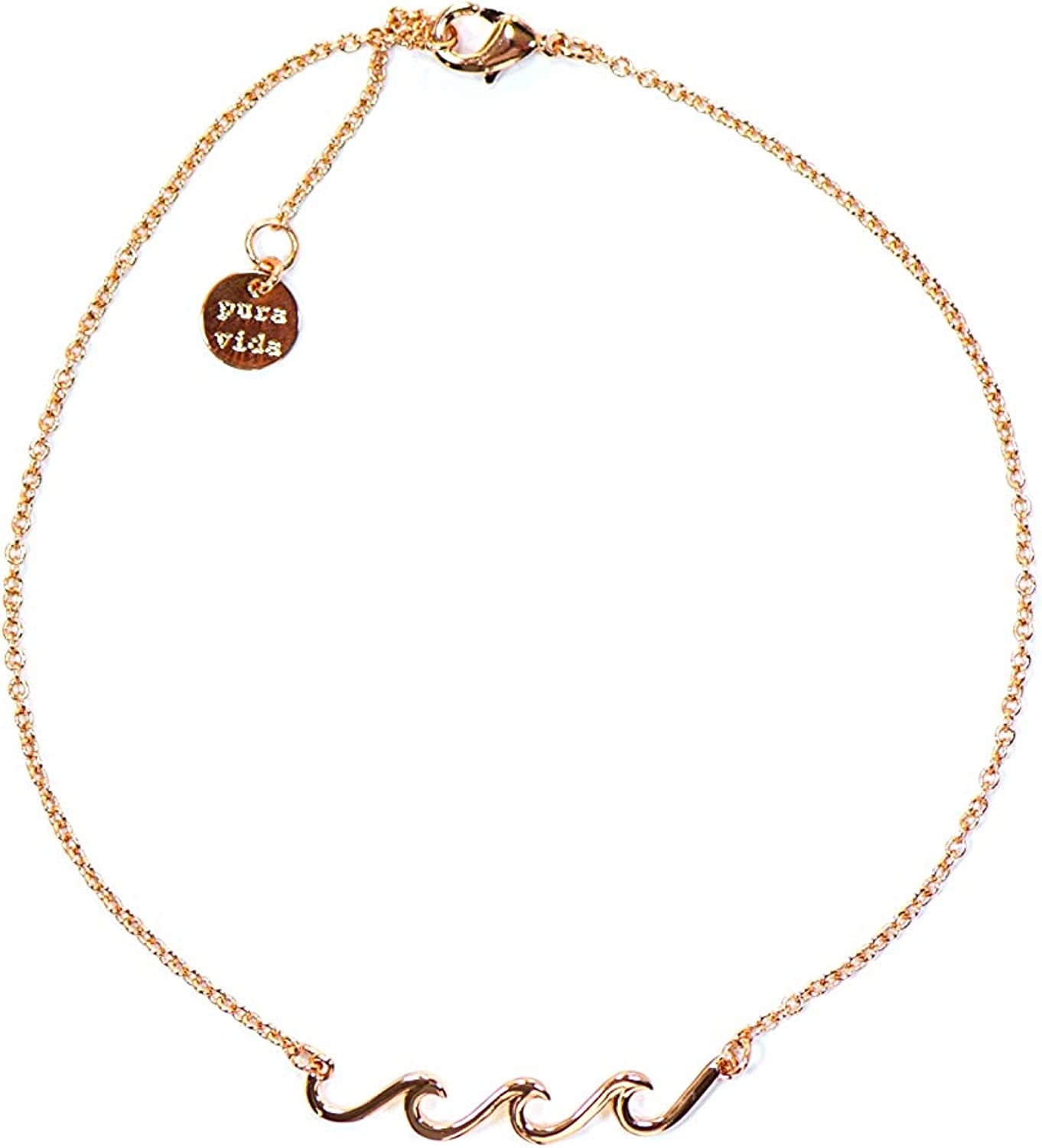 Pura Vida Silver or Gold or Rose Gold Plated Delicate Wave Anklet - Branded Charm, Adjustable Band - Cable Chain Apparel & Accessories > Jewelry > Anklets Pura Vida Rose Gold  