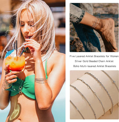 Five Layered Anklet Bracelets for Women Silver Gold Beaded Chain Anklet for Teen Girls Boho Multi-Layered Anklet Bracelets Beach Foot Chain Jewelry Jewelry Gifts Apparel & Accessories > Jewelry > Anklets Dcfywl731   
