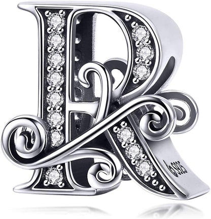 Solid 925 Sterling Silver with Cubic Stones, Complete A~Z Gift Options Alphabet Charm Letter Beads Fit Pandora European Bracelets Apparel & Accessories > Jewelry > Bracelets ABAOLALA ALPHABET R  