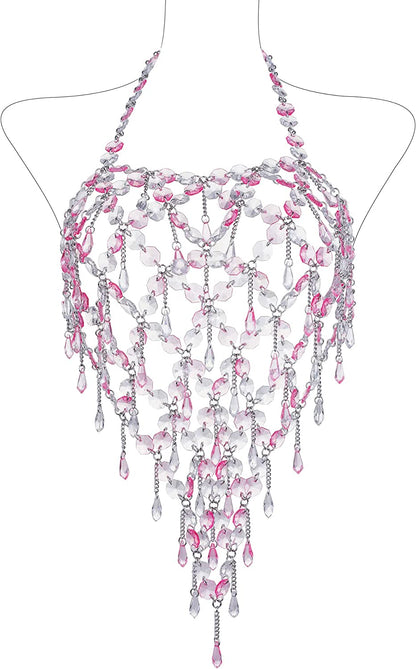 Ccbodily Crystal Body Chain Bra - Womens Fashion Handmade Body Harness Bra Jewelry Accessories for Party Rave Apparel & Accessories > Jewelry > Body Jewelry CCbodily White/Pink  