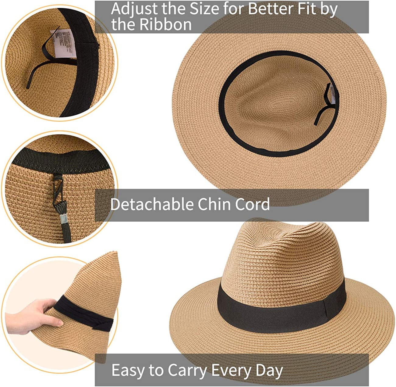 MAYLISACC Womens Straw Panama Hat, Wide Brim Beach Sun Hats Summer Foldable Travel Sunhat UPF50 Apparel & Accessories > Clothing Accessories > Hats MAYLISACC   