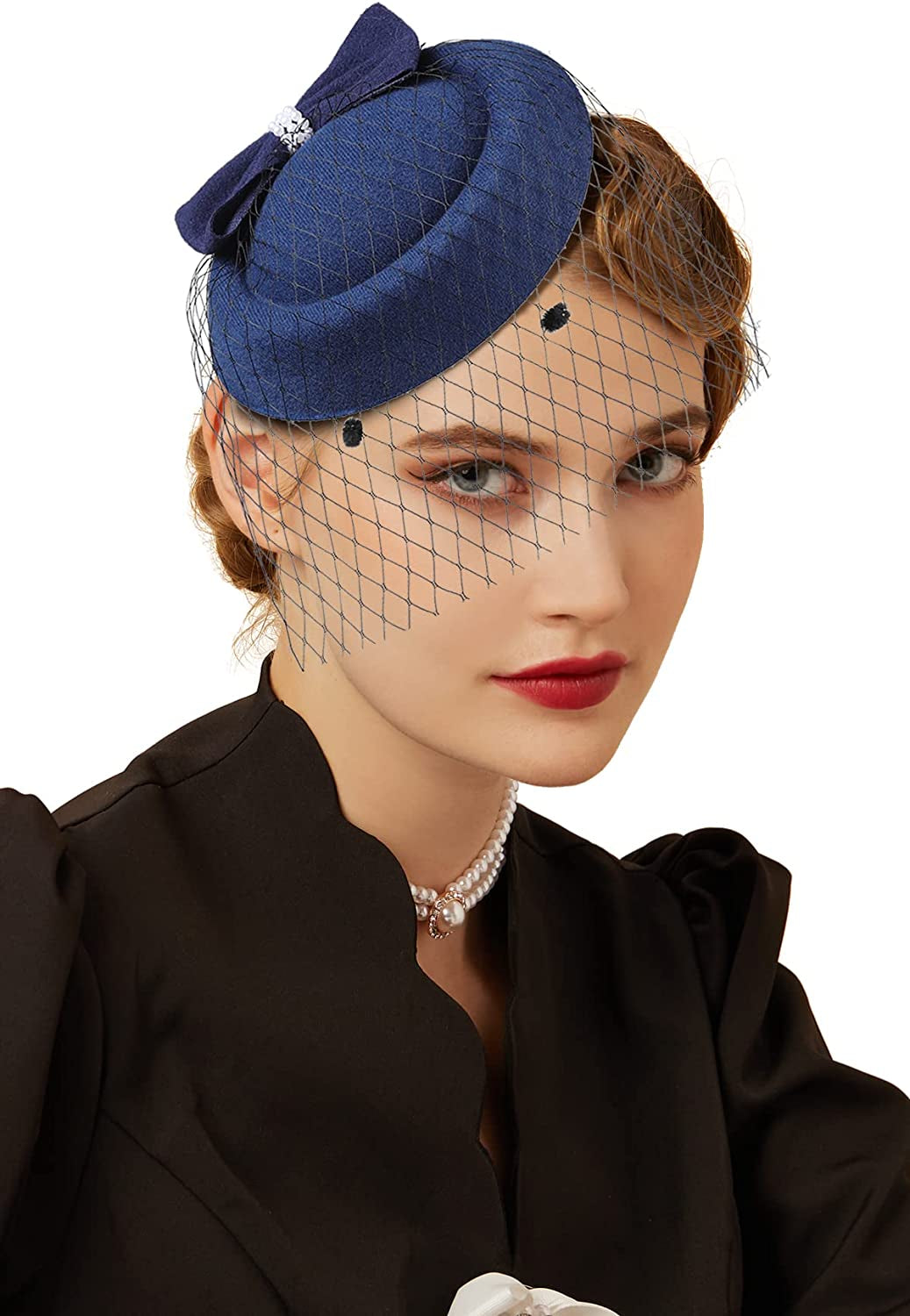 Fascinators Hats 20S 50S Hat Pillbox Hat Cocktail Tea Party Headwear with Veil for Girls and Women Apparel & Accessories > Clothing Accessories > Headwear Cizoe C-navy Blue  