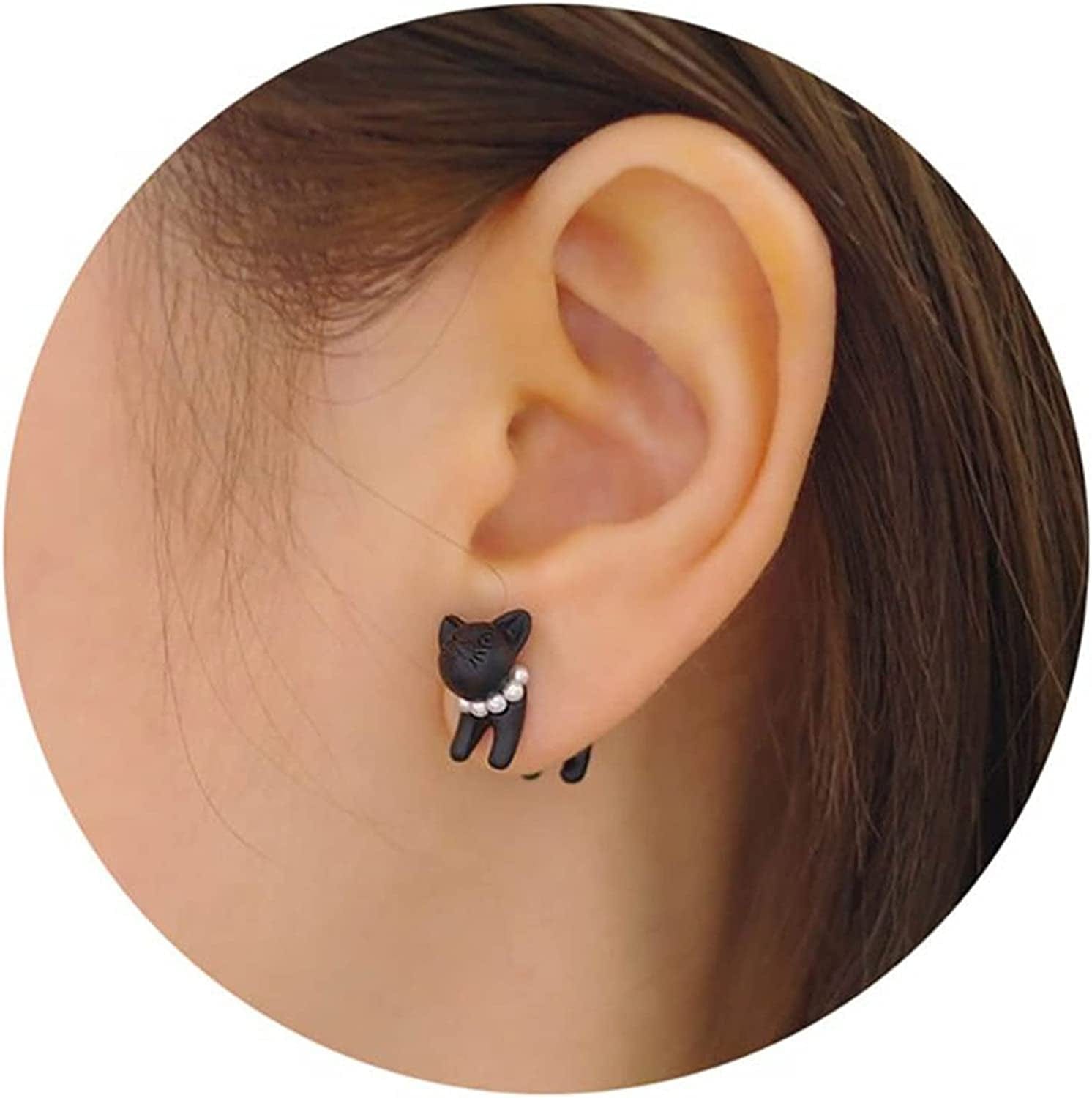 3D Stud for Women Stud Ear Cat Earrings Anniversary Birthday Dangle Vintage for Girls Animal Stud Cute Earrings Cat for Women, Black, One Size