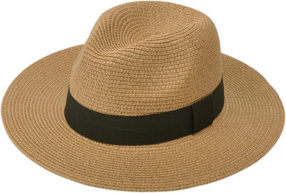 DRESHOW Women Straw Panama Hat Fedora Beach Sun Hat Wide Brim Straw Roll up Hat UPF 50+ Apparel & Accessories > Clothing Accessories > Hats DRESHOW Fedora a Khaki  