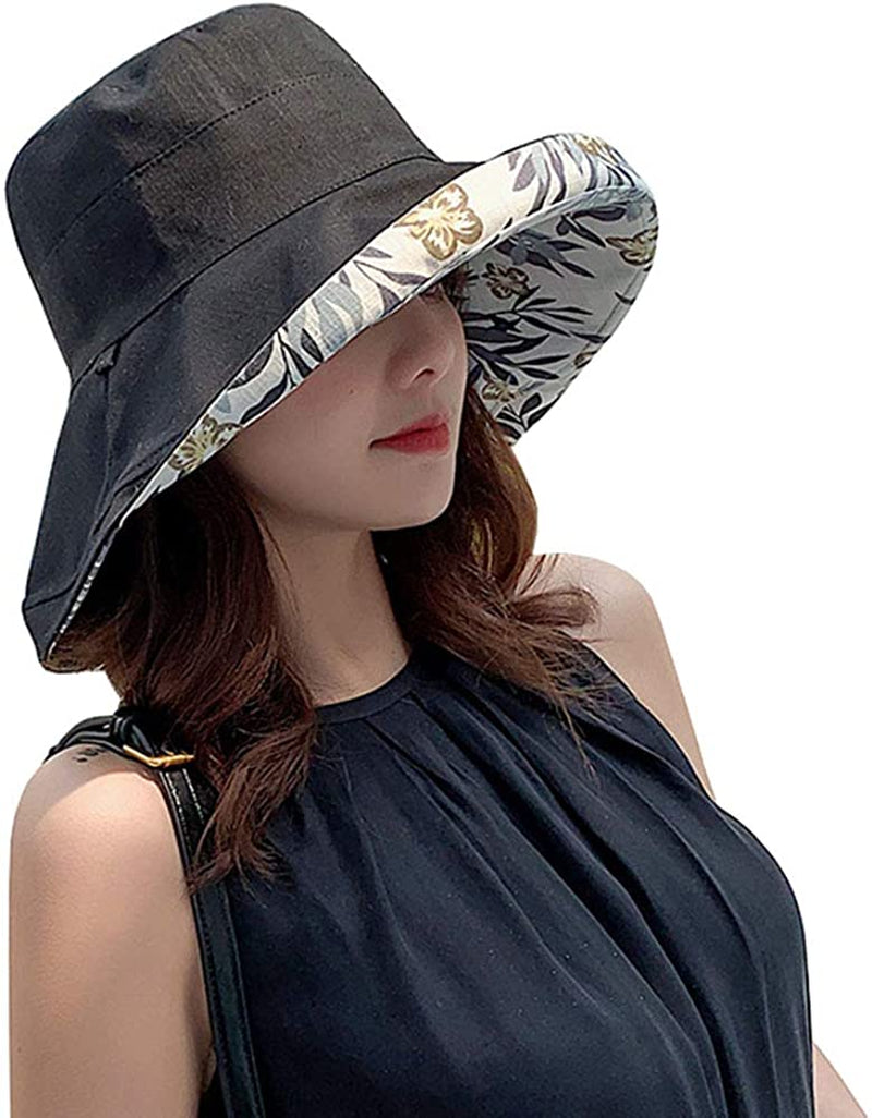 Farodor Women'S Packable Reversible Bucket Hat UV Sun Protection Wide Brim Summer Beach Cap Apparel & Accessories > Clothing Accessories > Hats FaroDor 2floral-black  