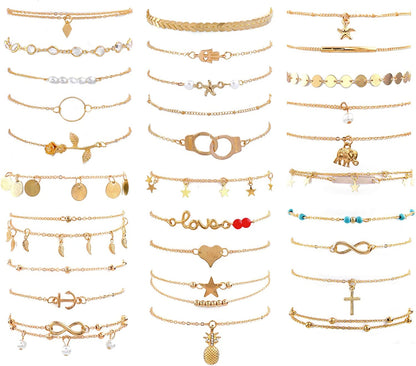 ESRICH 30/40PCS Ankle Bracelets for Women Girls Set, Gold Silver Rose Gold Three Style Jewelry Anklets for Women Beach Jewelry Gifts Adjustable Size Beach Anklet Set Apparel & Accessories > Jewelry > Anklets ESRICH Gold  