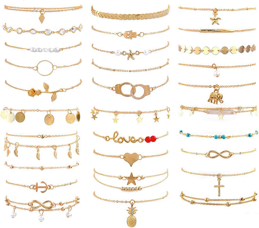 ESRICH 30/40PCS Ankle Bracelets for Women Girls Set, Gold Silver Rose Gold Three Style Jewelry Anklets for Women Beach Jewelry Gifts Adjustable Size Beach Anklet Set Apparel & Accessories > Jewelry > Anklets ESRICH Gold  