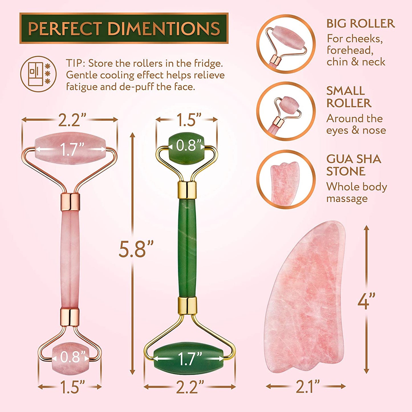 Authentic Jade Roller, Natural Rose Quartz Roller and Gua Sha | 3-In-1 Stone Face Massager Kit | Anti-Aging Beauty Tools for Slimming, Toning and Firming Skin | Reduce Puffy Eyes and Firm Wrinkles Health & Beauty > Personal Care > Cosmetics > Cosmetic Tools > Skin Care Tools InnoCreation   