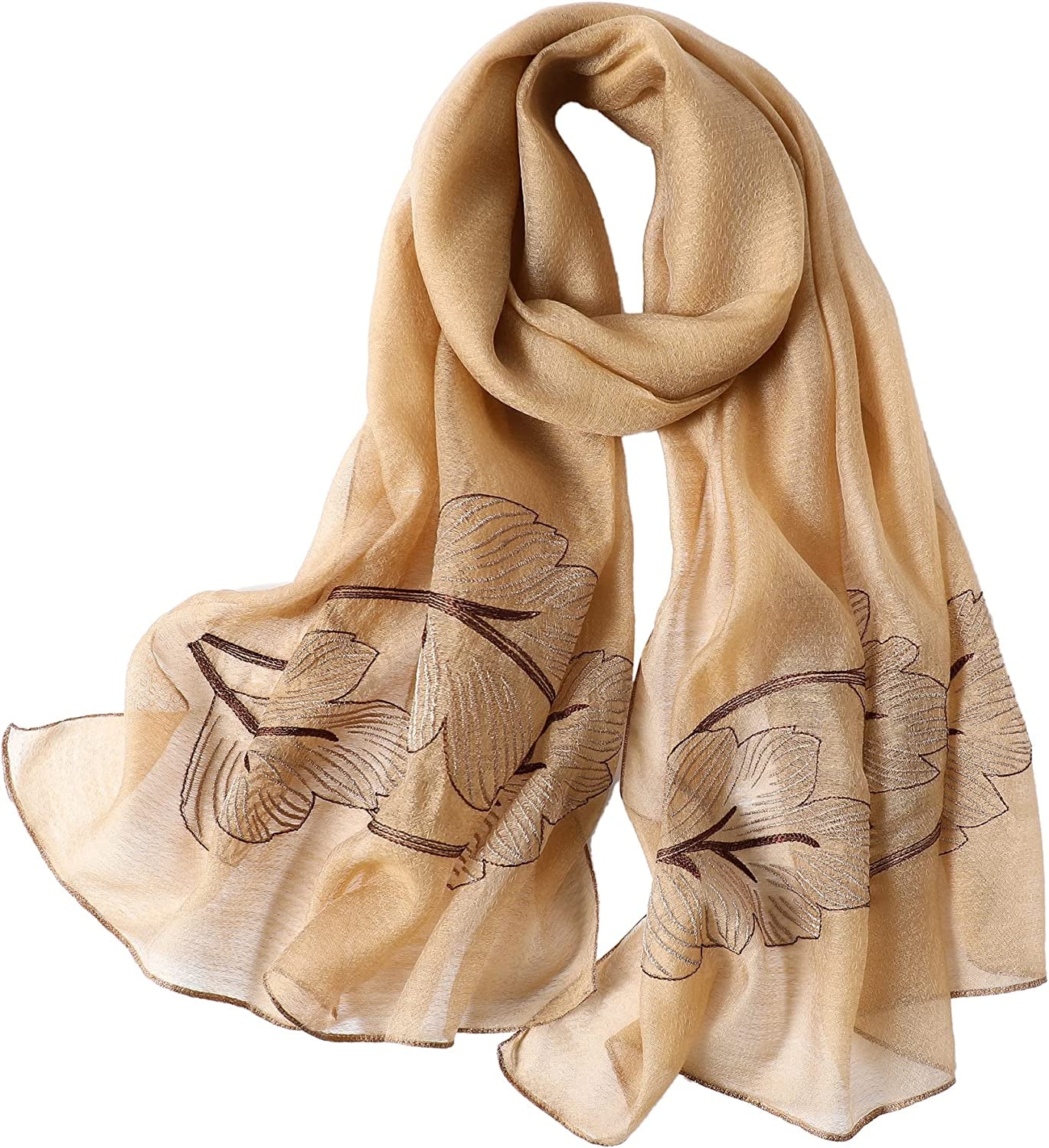 WINCESS.YU Silk Scarf for Women Lightweight Shawls and Wraps for Weddings Fashion Pashmina Shawl Embroidered Scarves Apparel & Accessories > Clothing Accessories > Scarves & Shawls WINCESS.YU Leaf Embroidery Khaki  