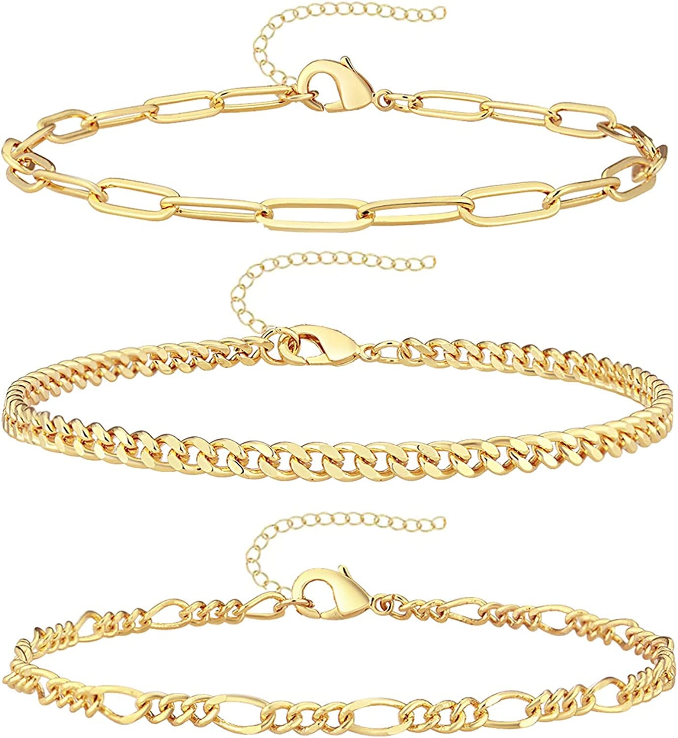 Reoxvo Dainty Gold Chain Bracelets Set for Women 14K Real Gold Plated Link Chain Bracelets for Women Trendy Gold Stackable Bracelets for Women Adjustable 7"+2" Apparel & Accessories > Jewelry > Bracelets Reoxvo Style 03  