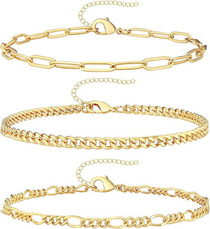 Reoxvo Dainty Gold Chain Bracelets Set for Women 14K Real Gold Plated Link Chain Bracelets for Women Trendy Gold Stackable Bracelets for Women Adjustable 7"+2" Apparel & Accessories > Jewelry > Bracelets Reoxvo Style 03  