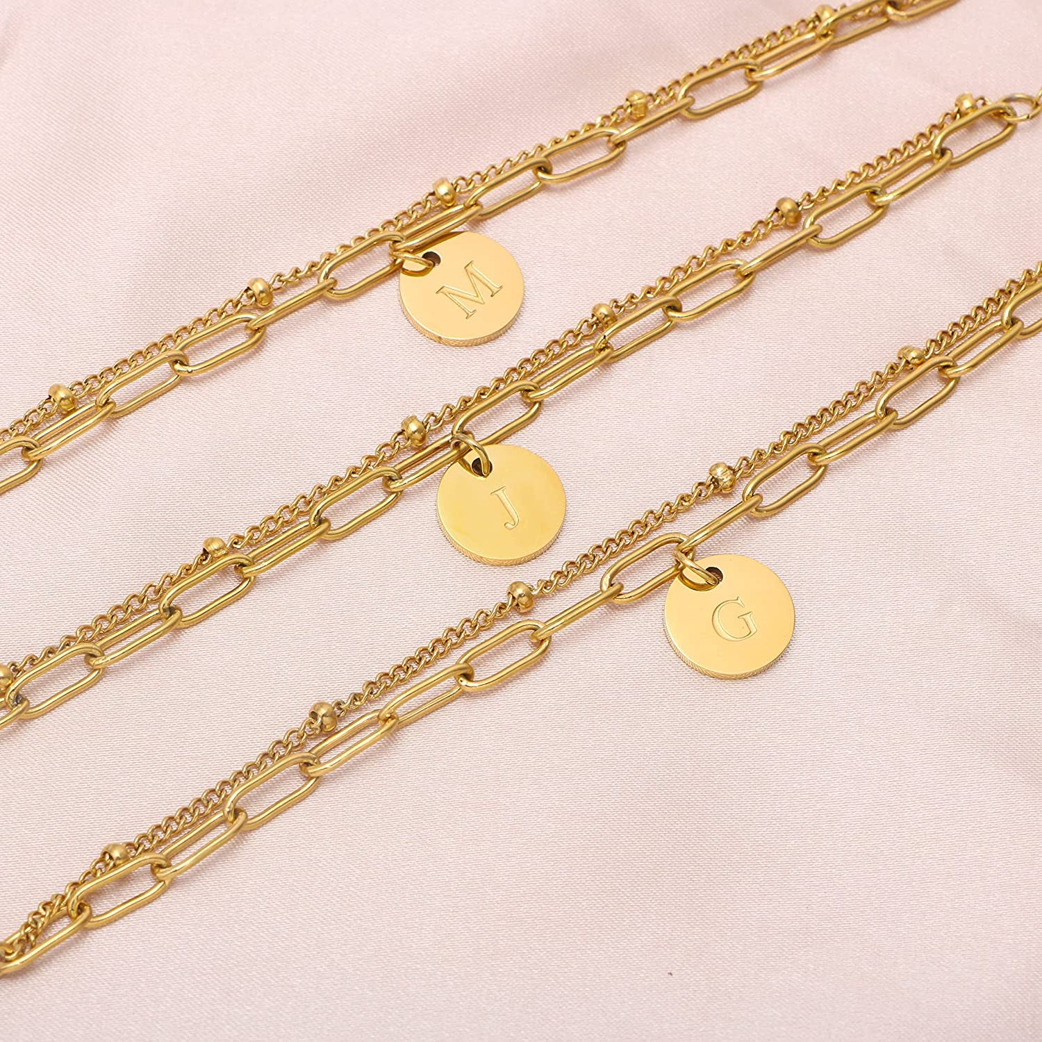 Layer Initial Bracelets for Teen Girls Women 8K Gold Beaded Charm Bracelets for Her Papercilp Link Chain Christmas Mother'S Day Birthday Jewelry Adjustable Handmade Letter A-Z Apparel & Accessories > Jewelry > Bracelets JoycuFF   
