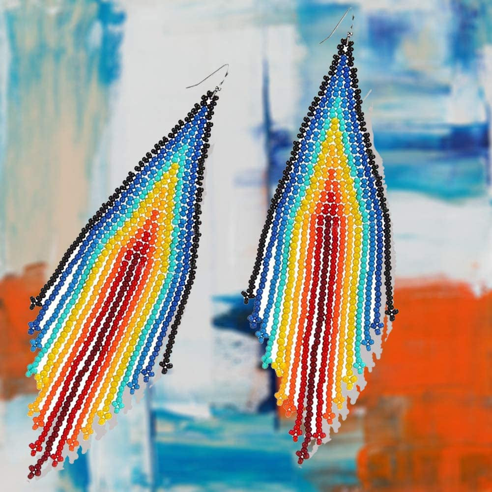 Long Beaded Tassel Earrings - Bohemian Fringe Drop Earrings Rainbow, Seed Bead Tribal Dangle Earrings, Pendientes De Borla, Gift Idea for Women, Girls, Valentine Apparel & Accessories > Jewelry > Earrings UNIQFAVOR   