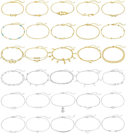 FUNEIA 12/16Pcs Anklets for Women Silver Gold Ankle Bracelets Set Boho Layered Beach Adjustable Chain Anklet Foot Jewelry Apparel & Accessories > Jewelry > Anklets Anlsen J:15Silver+15Gold  