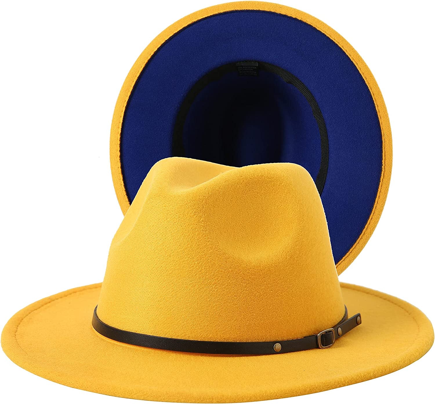 JOYEBUY Women Lady Two Tone Wide Brim Panama Hat Patchwork Colors Classic Fedora Hat with Belt Buckle Apparel & Accessories > Clothing Accessories > Hats JOYEBUY Yellow/Royal Blue One Size 