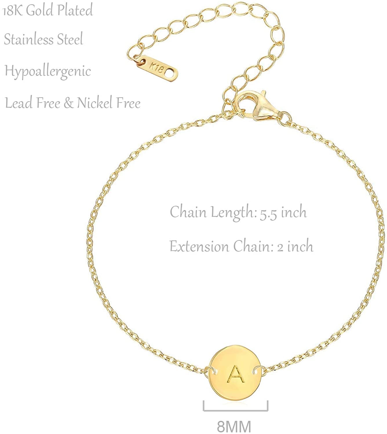 Glimmerst Personalized Initial Bracelet, 18K Gold Plated Stainless Steel Letter Bracelet Dainty Coin Charm Bracelet Delicate Disc Name Bracelet for Women Girls Apparel & Accessories > Jewelry > Bracelets Glimmerst   