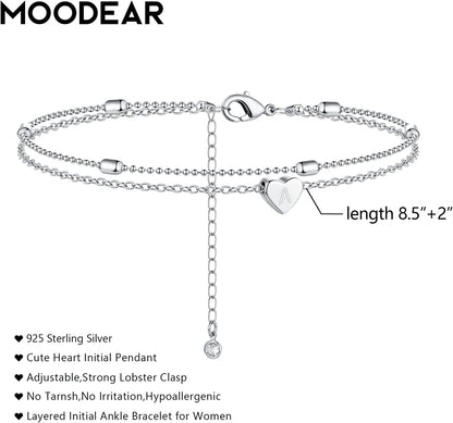 Moodear Silver Ankle Bracelets for Women, Sterling Silver Initial Anklet Layered Dainty Tiny Heart Charm Handmade Carved Alphabet A-Z Letter Ankle Bracelet Beaded Foot Chain Personalized Name Anklets Summer Cute Boho Beach Gift for Her Apparel & Accessories > Jewelry > Anklets Moodear   