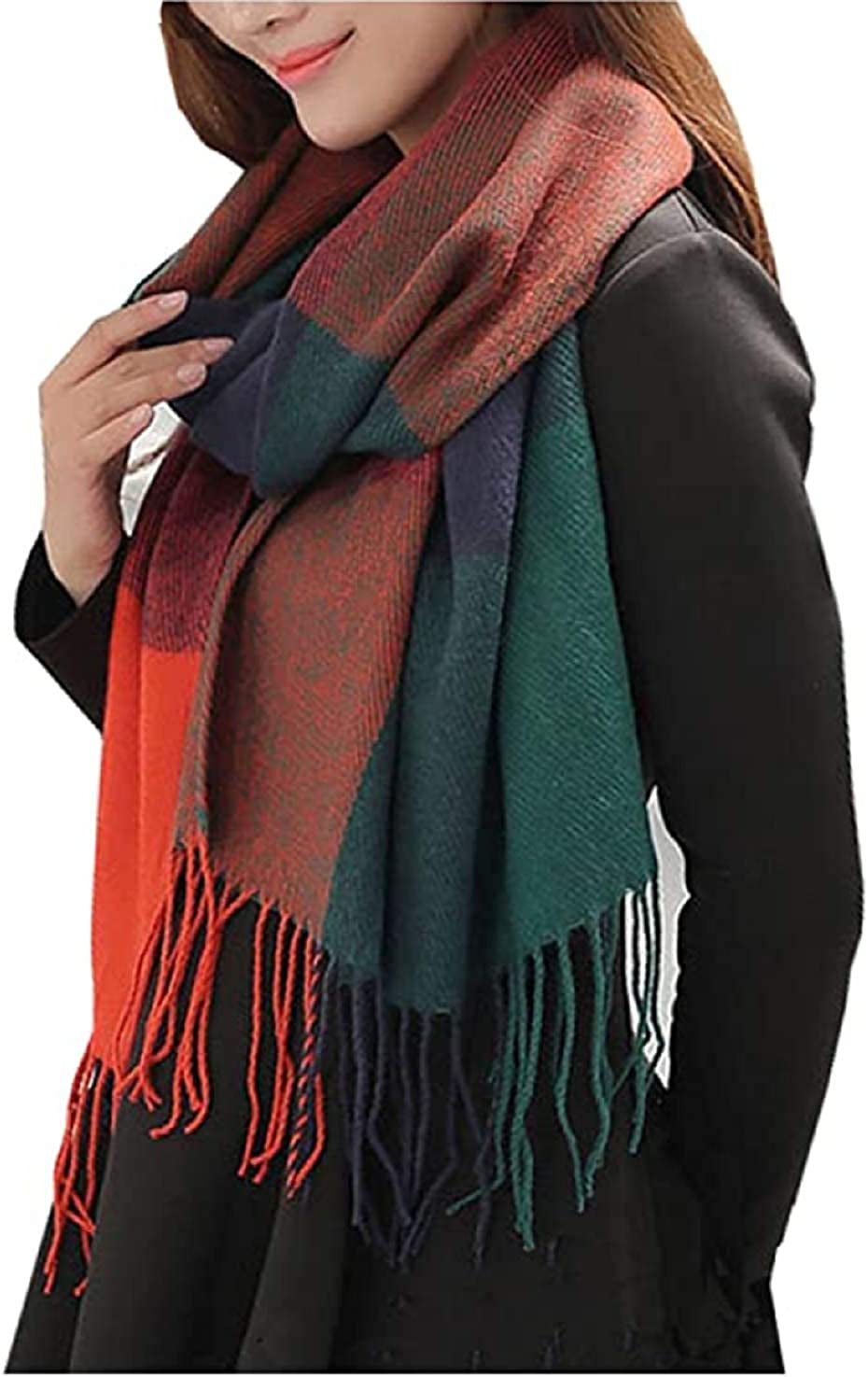 Wander Agio Women'S Fashion Long Shawl Big Grid Winter Warm Lattice Large Scarf Apparel & Accessories > Clothing Accessories > Scarves & Shawls Wander Agio Orange Blue1  