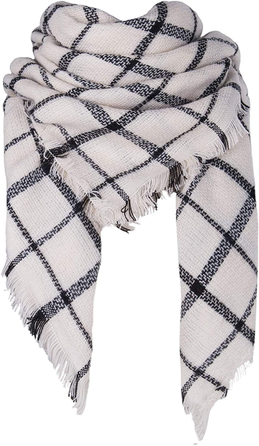 Plaid Blanket Scarf Winter Fall Scarfs for Women, Warm Soft Chunky Oversized Tartan Shawls Wraps Scarves Apparel & Accessories > Clothing Accessories > Scarves & Shawls Chalier C-white  